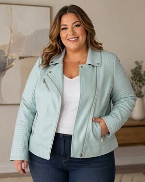 Bellivera Women's XXL Lt BlueFaux Leather Moto Jacket Quilted Silver Zip